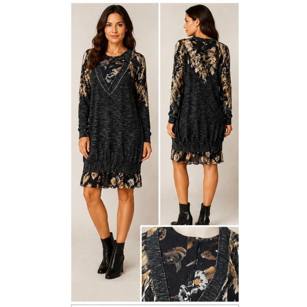 Fuzzi Jean Paul Gaultier Dress Floral Chiffon Inset V Neck Long Sleeve Size XL